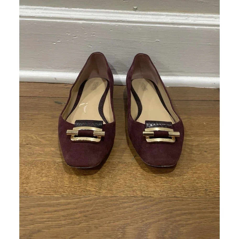 Michael Kors Gloria Women's 7.5 Plum Suede Ballet Flats Gold Buckle Slip-On Shoe
